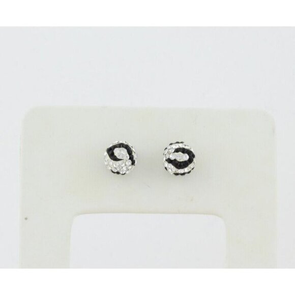 14k White Gold Black & White Crystal Stud Earrings Sparkly Ball - Picture 6 of 9